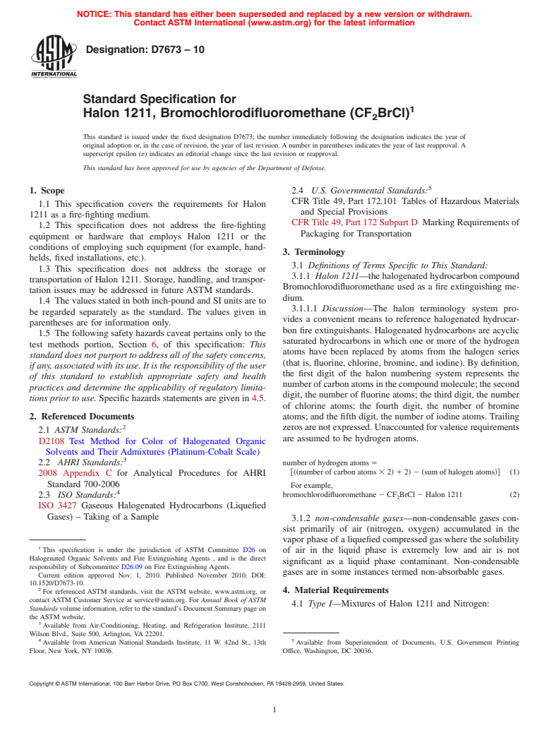 ASTM D7673-10 - Standard Specification for Halon 1211, Bromochlorodifluoromethane (CF<sub>2</sub>BrCl)