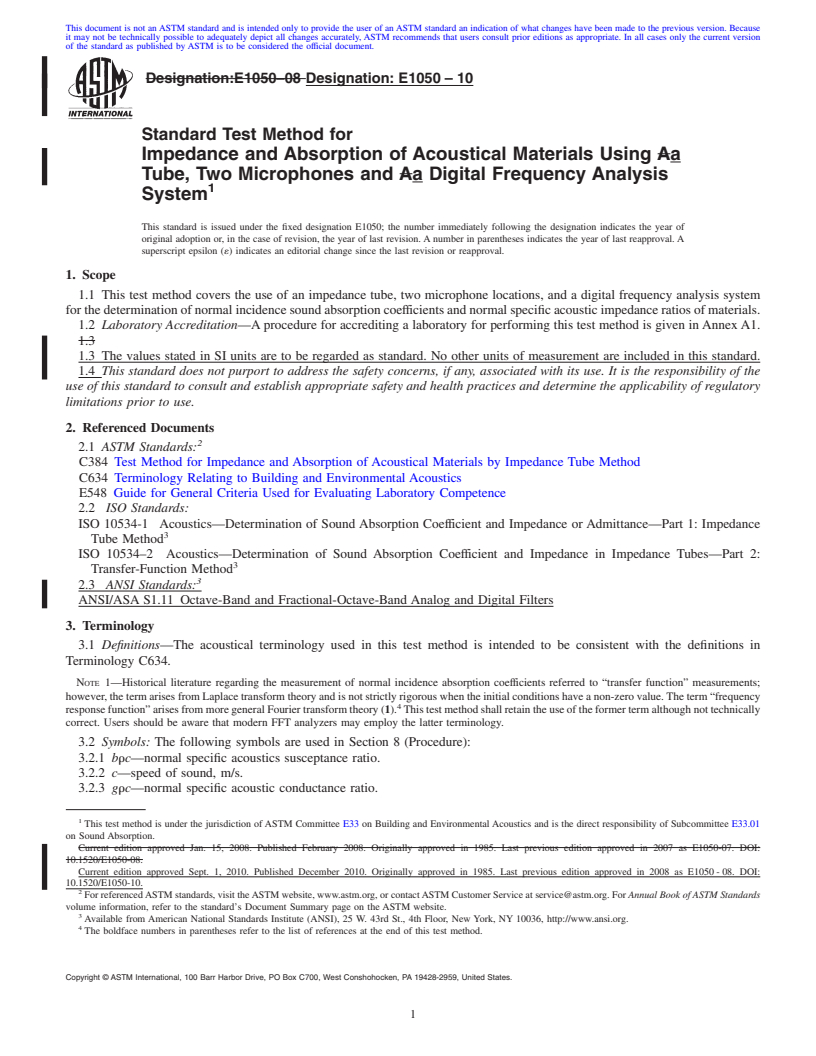 REDLINE ASTM E1050-10 - Standard Test Method for Impedance and Absorption of Acoustical Materials Using A Tube, Two Microphones and A Digital Frequency Analysis System