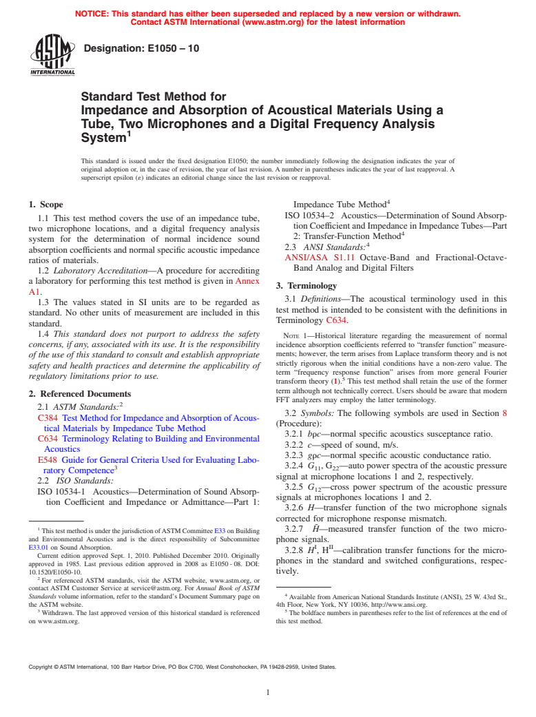 ASTM E1050-10 - Standard Test Method for Impedance and Absorption of Acoustical Materials Using A Tube, Two Microphones and A Digital Frequency Analysis System