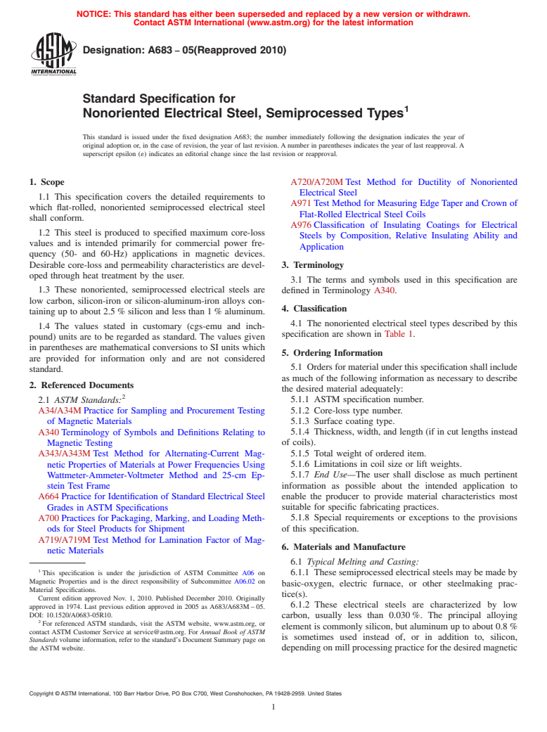 ASTM A683-05(2010) - Standard Specification for Nonoriented Electrical Steel, Semiprocessed Types