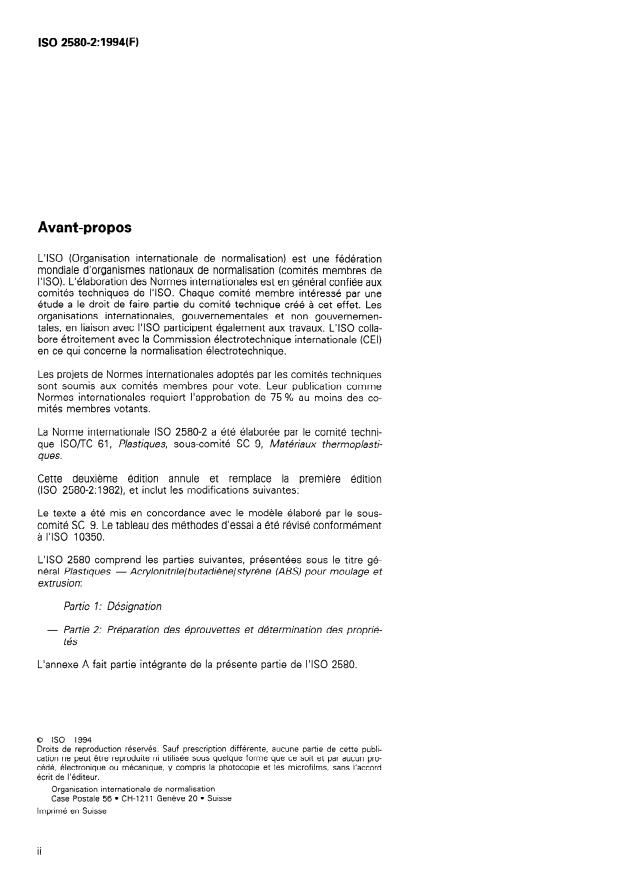 ISO 2580-2:1994 ISO 2580-2:1994 - Plastiques -- Acrylonitrile/butadiene/styrene (ABS) pour moulage et extrusion - Page 2 preview