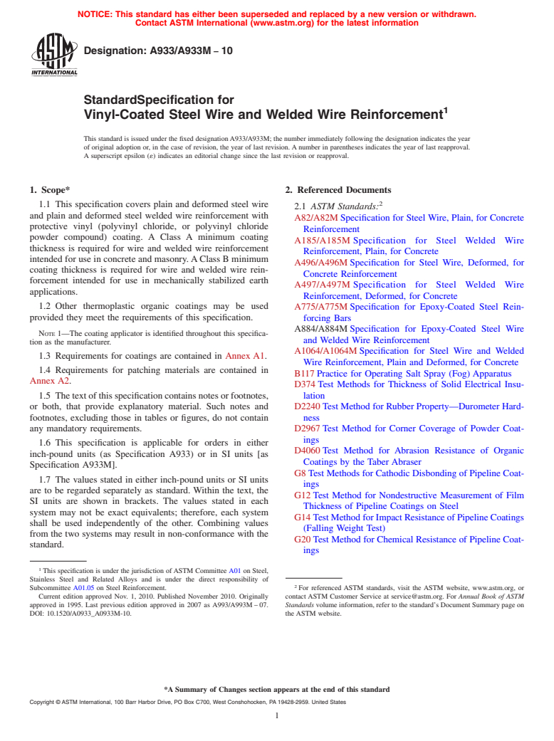 ASTM A933/A933M-10 - Standard Specification for  Vinyl-Coated Steel Wire and Welded Wire Reinforcement