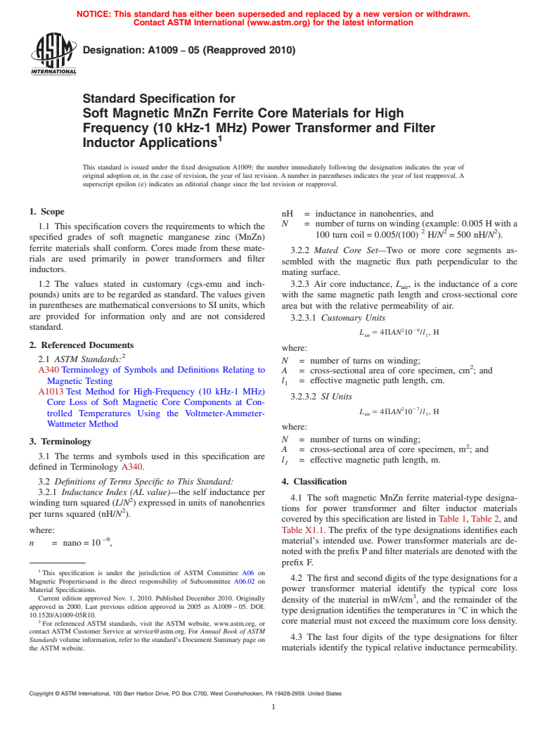 ASTM A1009-05(2010) - Standard Specification for Soft Magnetic MnZn Ferrite Core Materials for High Frequency (10 kHz-1 MHz) Power Transformer and Filter Inductor Applications