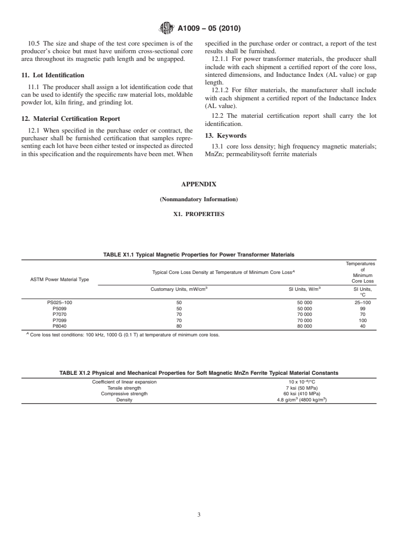 ASTM A1009-05(2010) - Standard Specification for Soft Magnetic MnZn Ferrite Core Materials for High Frequency (10 kHz-1 MHz) Power Transformer and Filter Inductor Applications