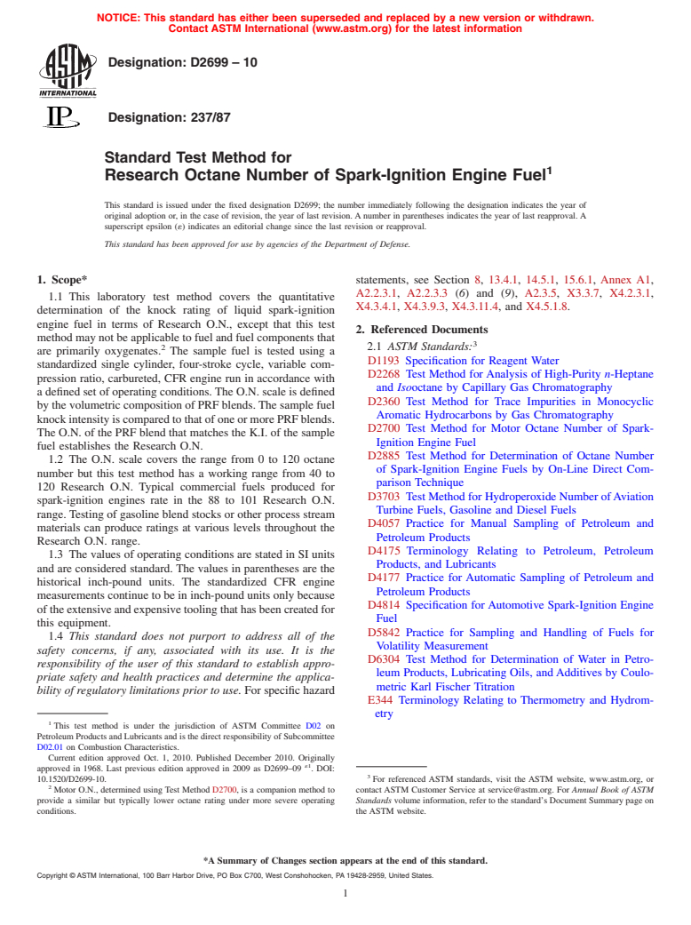 ASTM D2699-10 - Standard Test Method for Research Octane Number of Spark-Ignition Engine Fuel