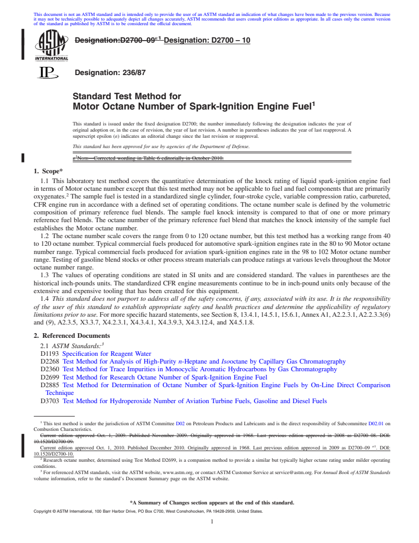 REDLINE ASTM D2700-10 - Standard Test Method for Motor Octane Number of Spark-Ignition Engine Fuel