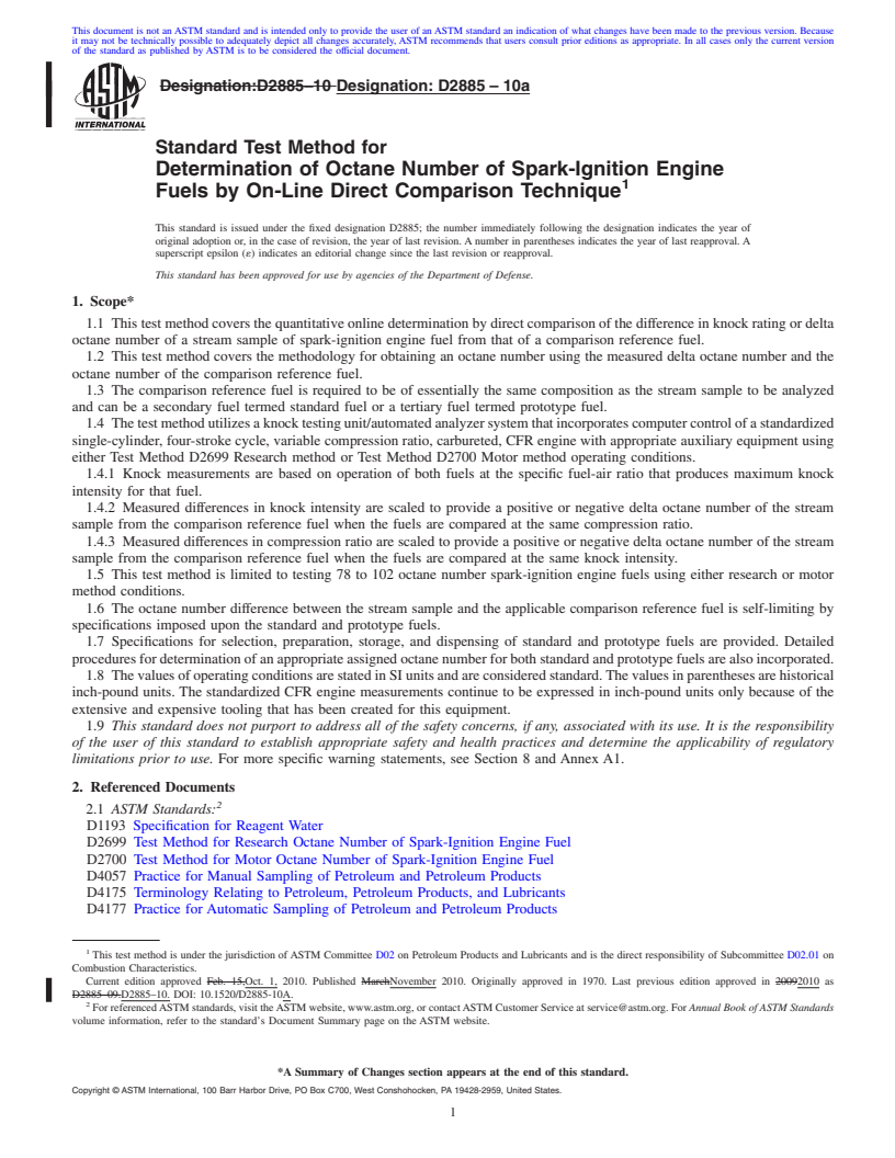 REDLINE ASTM D2885-10a - Standard Test Method for Determination of Octane Number of Spark-Ignition Engine Fuels by On-Line Direct Comparison Technique