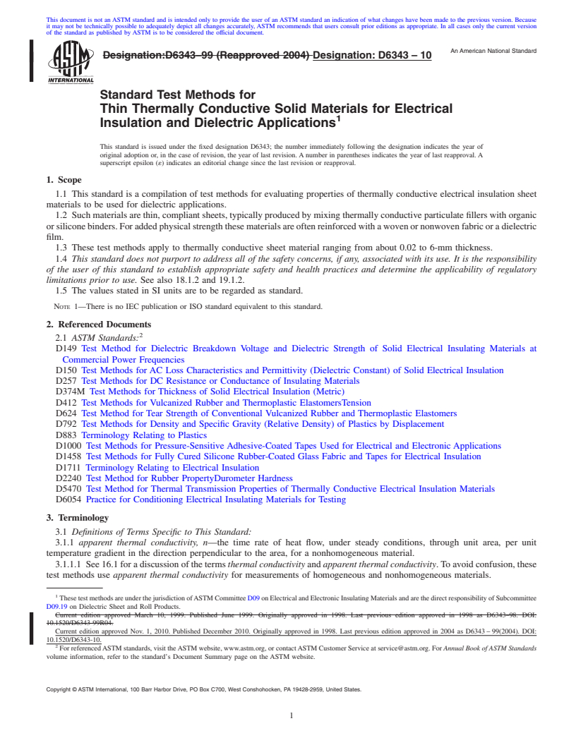 REDLINE ASTM D6343-10 - Test Methods for Thin Thermally Conductive Solid Materials for Electrical Insulation and Dielectric Applications