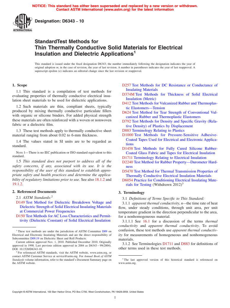 ASTM D6343-10 - Test Methods for Thin Thermally Conductive Solid Materials for Electrical Insulation and Dielectric Applications