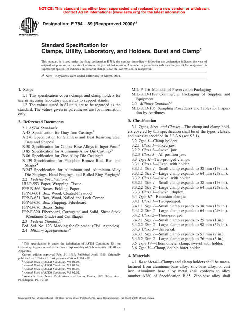 ASTM E784-89(2000)e1 - Standard Specification for Clamps, Utility, Laboratory, and Holders, Buret and Clamp