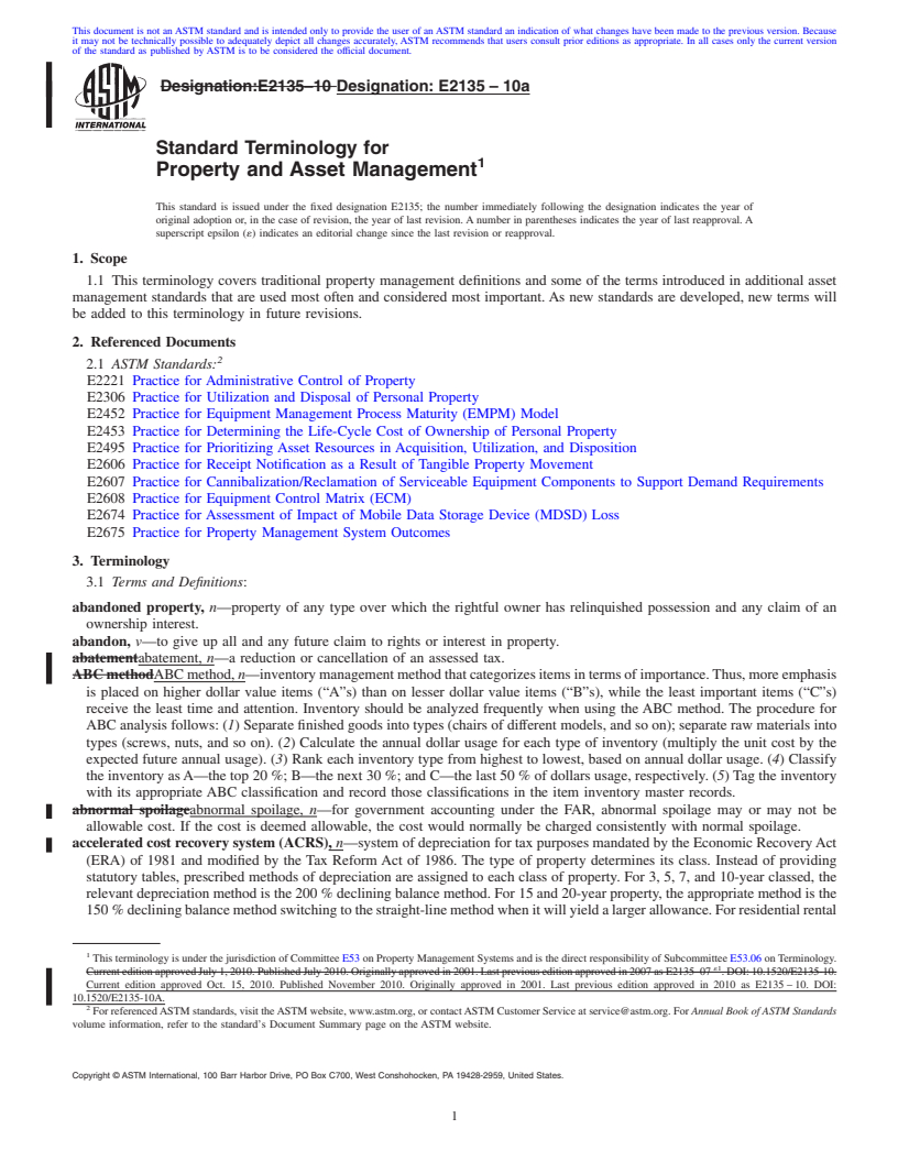 REDLINE ASTM E2135-10a - Standard Terminology for Property and Asset Management