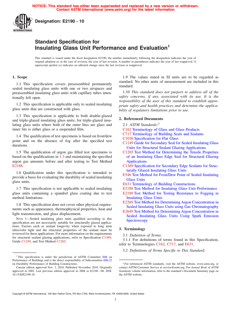 ASTM E2190-10 - Standard Specification for Insulating Glass Unit Performance and Evaluation