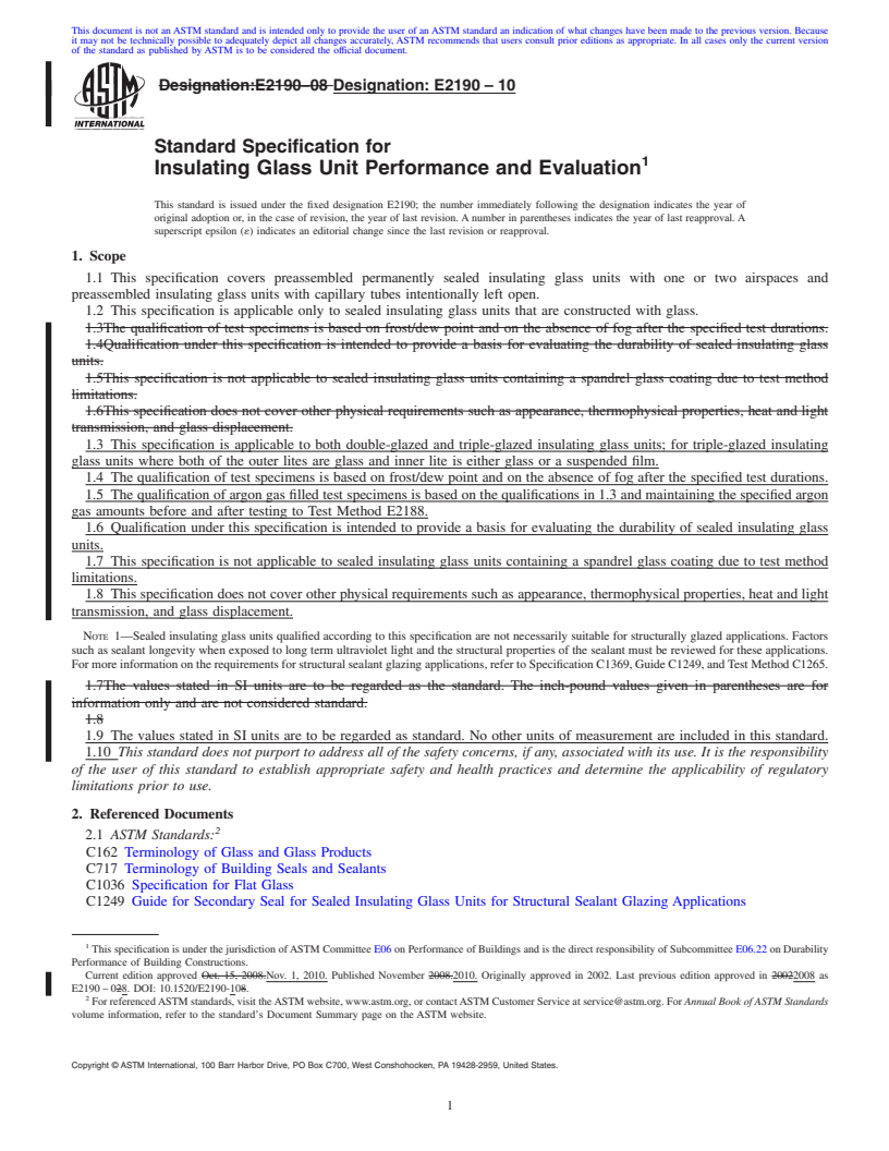 REDLINE ASTM E2190-10 - Standard Specification for Insulating Glass Unit Performance and Evaluation