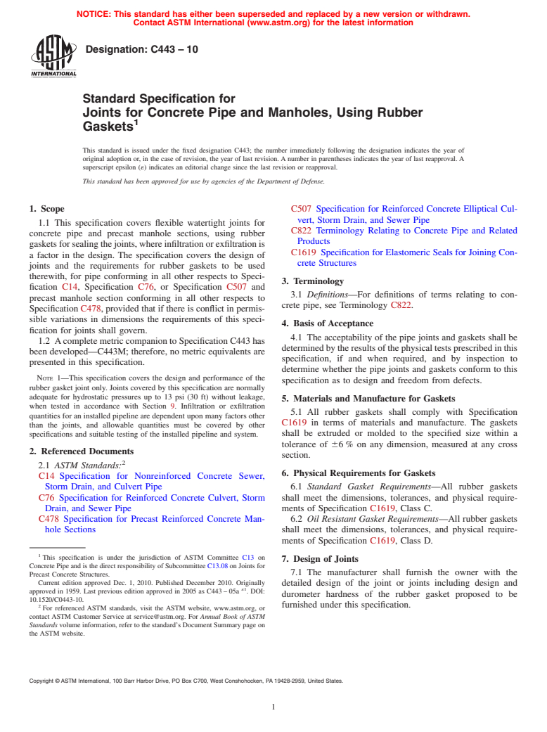 ASTM C443-10 - Standard Specification for Joints for Concrete Pipe and Manholes, Using Rubber Gaskets