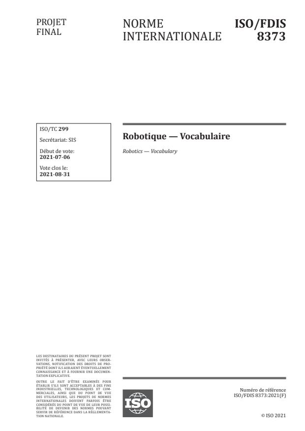 ISO/FDIS 8373:Version 07-avg-2021 - Robotique -- Vocabulaire