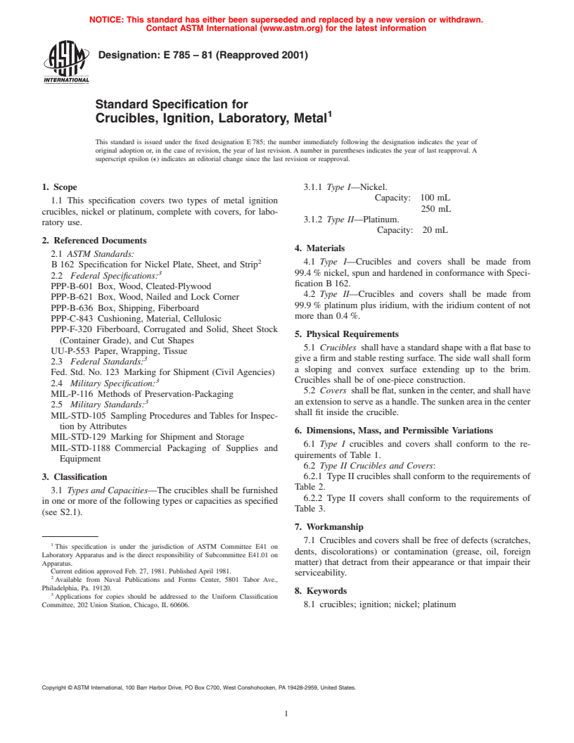 ASTM E785-81(2001) - Standard Specification for Crucibles, Ignition, Laboratory, Metal