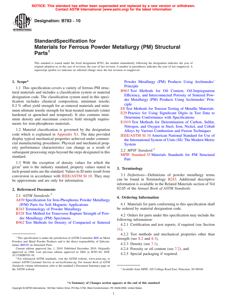 ASTM B783-10 - Standard Specification for Materials for Ferrous Powder Metallurgy (P/M) Structural Parts