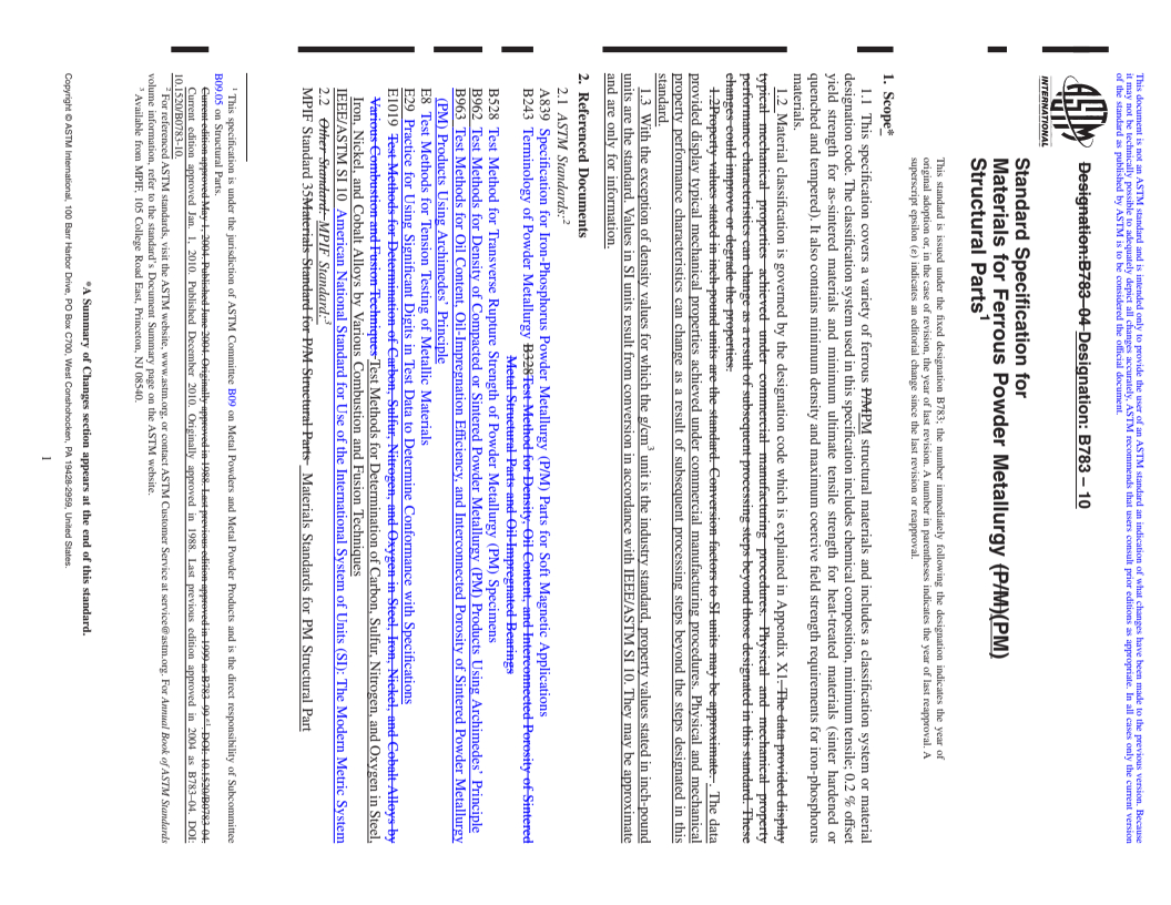 REDLINE ASTM B783-10 - Standard Specification for Materials for Ferrous Powder Metallurgy (P/M) Structural Parts