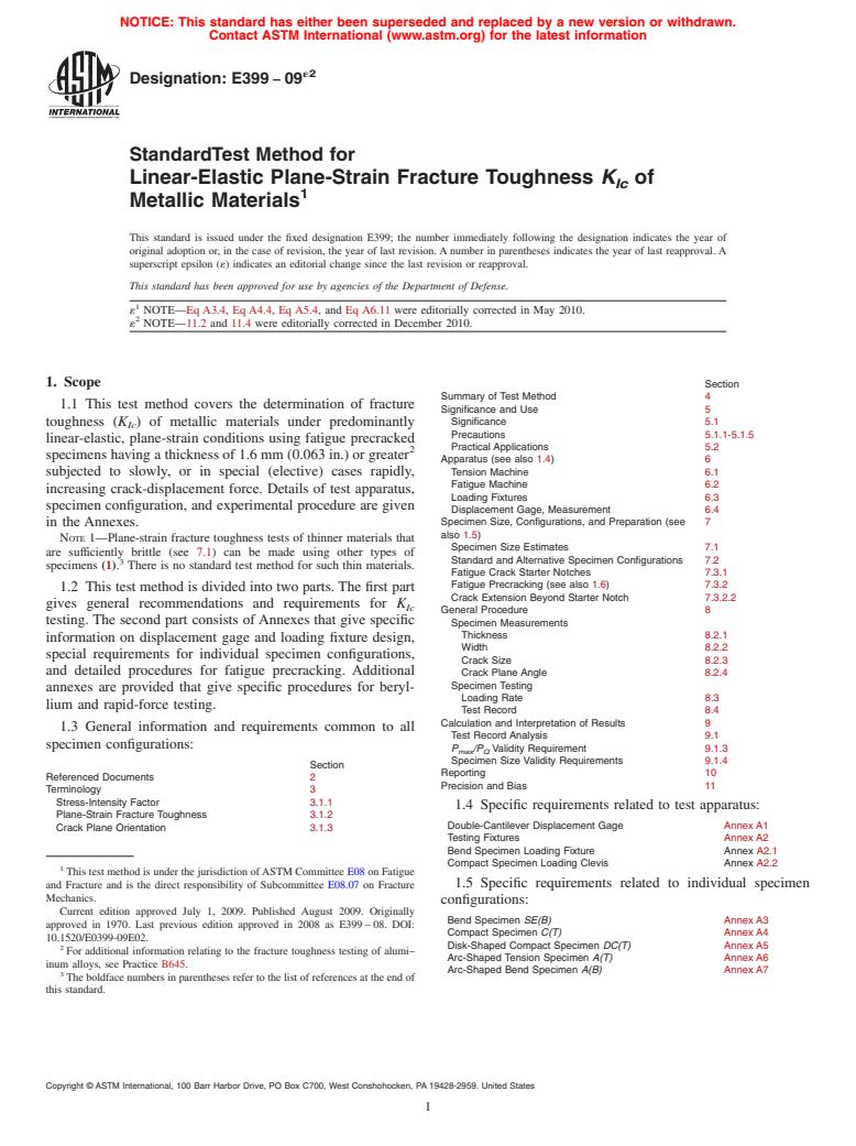 ASTM E399-09e2 - Standard Test Method for Linear-Elastic Plane-Strain Fracture Toughness<sub> Ic</sub> of Metallic Materials