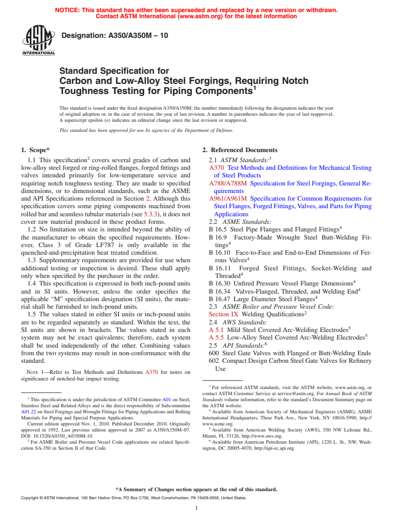 ASTM A350/A350M-10 - Standard Specification for Carbon and Low-Alloy Steel Forgings, Requiring Notch Toughness Testing for Piping Components