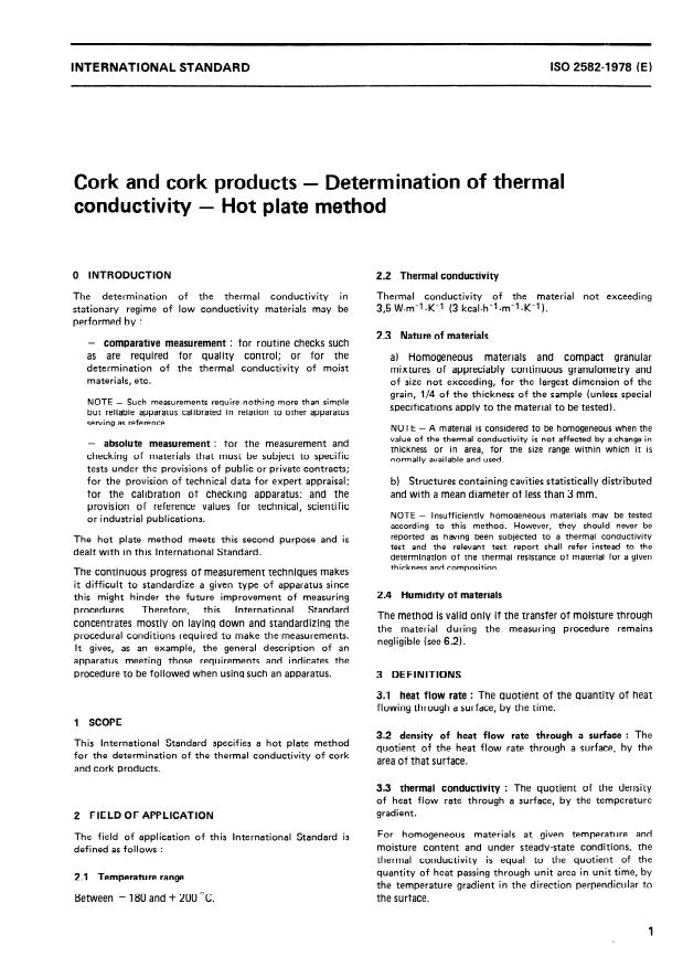 ISO 2582:1978 - Cork and cork products -- Determination of thermal conductivity -- Hot plate method