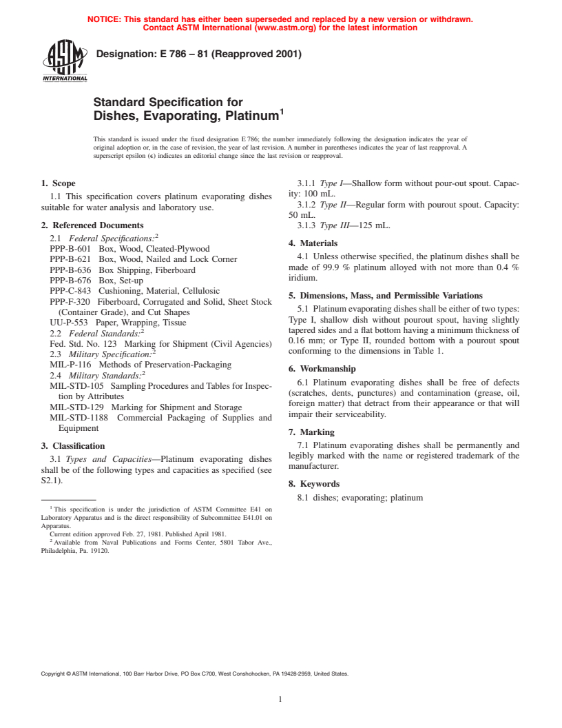 ASTM E786-81(2001) - Standard Specification for Dishes, Evaporating, Platinum