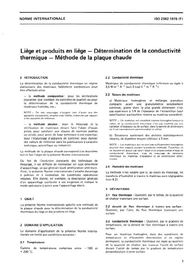 ISO 2582:1978 - Liege et produits en liege -- Détermination de la conductivité thermique -- Méthode de la plaque chaude