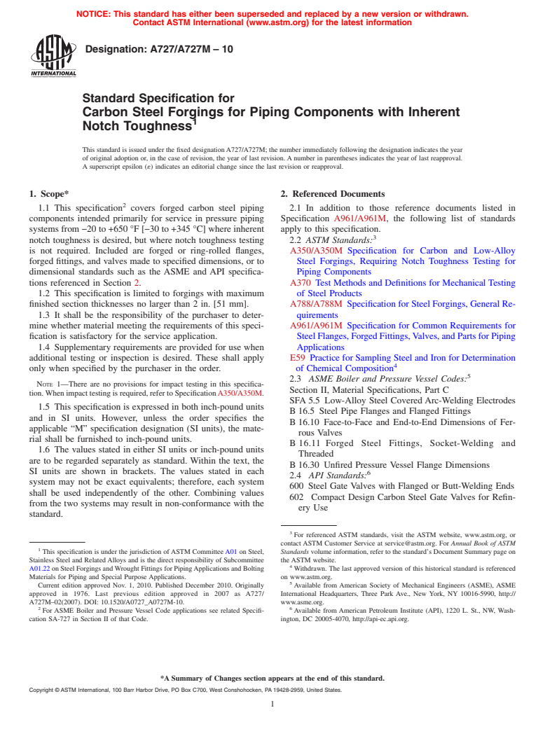 ASTM A727/A727M-10 - Standard Specification for Carbon Steel Forgings for Piping Components with Inherent Notch Toughness