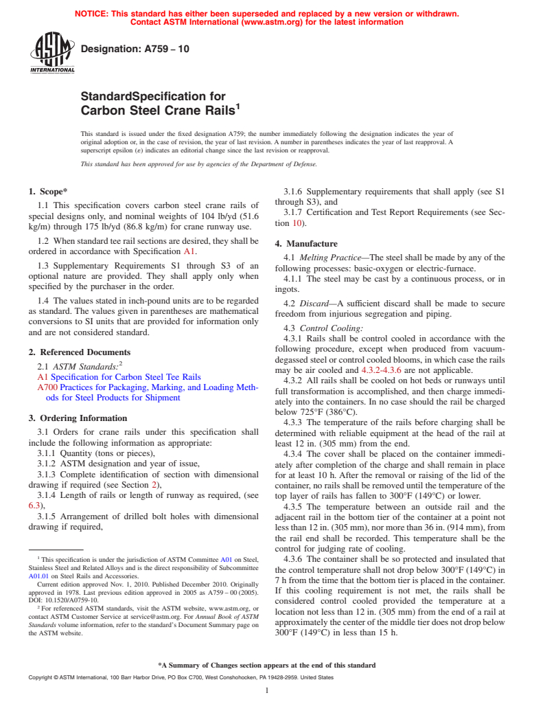 ASTM A759-10 - Standard Specification for Carbon Steel Crane Rails