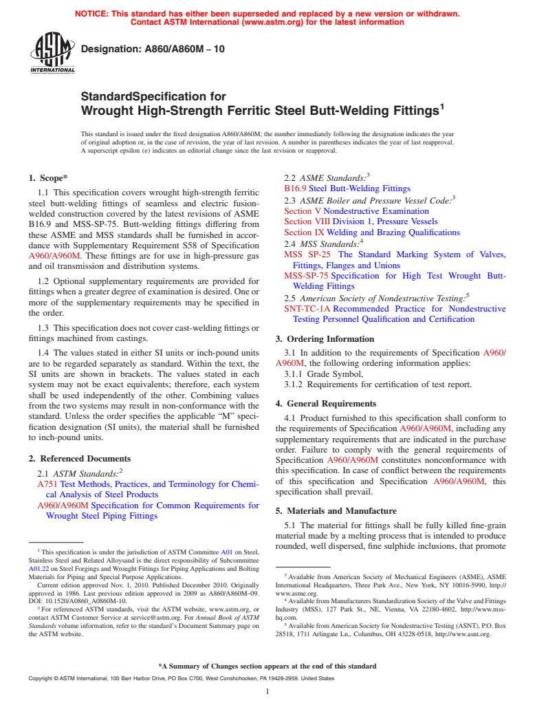 ASTM A860/A860M-10 - Standard Specification for Wrought High-Strength Low-Alloy Steel Butt-Welding Fittings