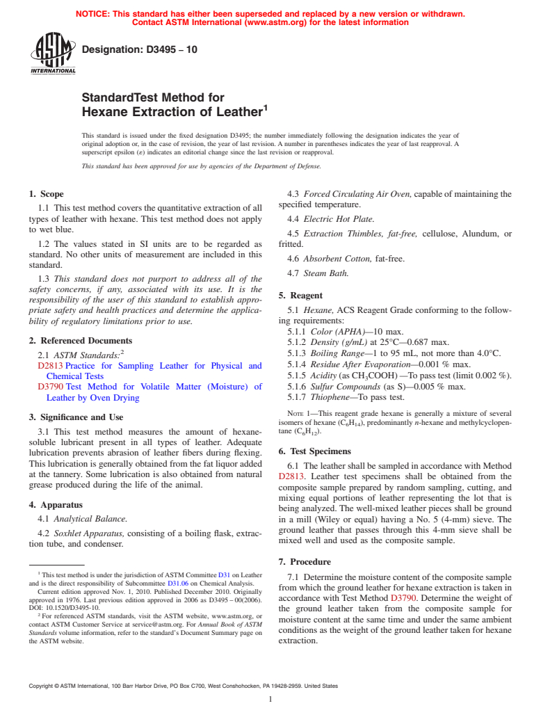 ASTM D3495-10 - Standard Test Method for Hexane Extraction of Leather