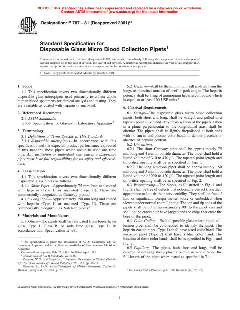 ASTM E787-81(2001)e1 - Standard Specification for Disposable Glass Micro Blood Collection Pipets