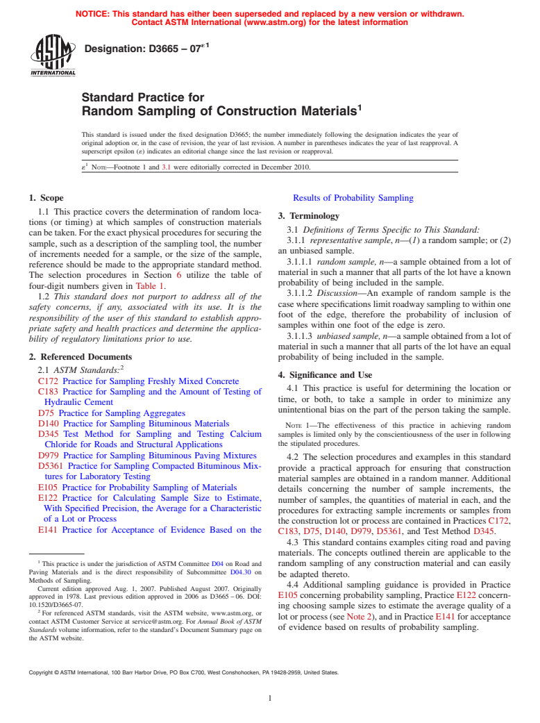 ASTM D3665-07e1 - Standard Practice for Random Sampling of Construction Materials