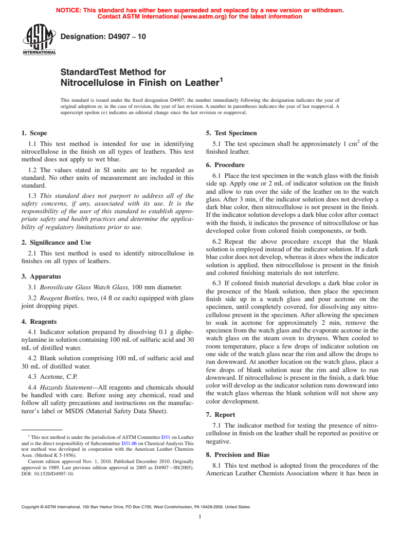 ASTM D4907-10 - Standard Test Method for Nitrocellulose in Finish on Leather