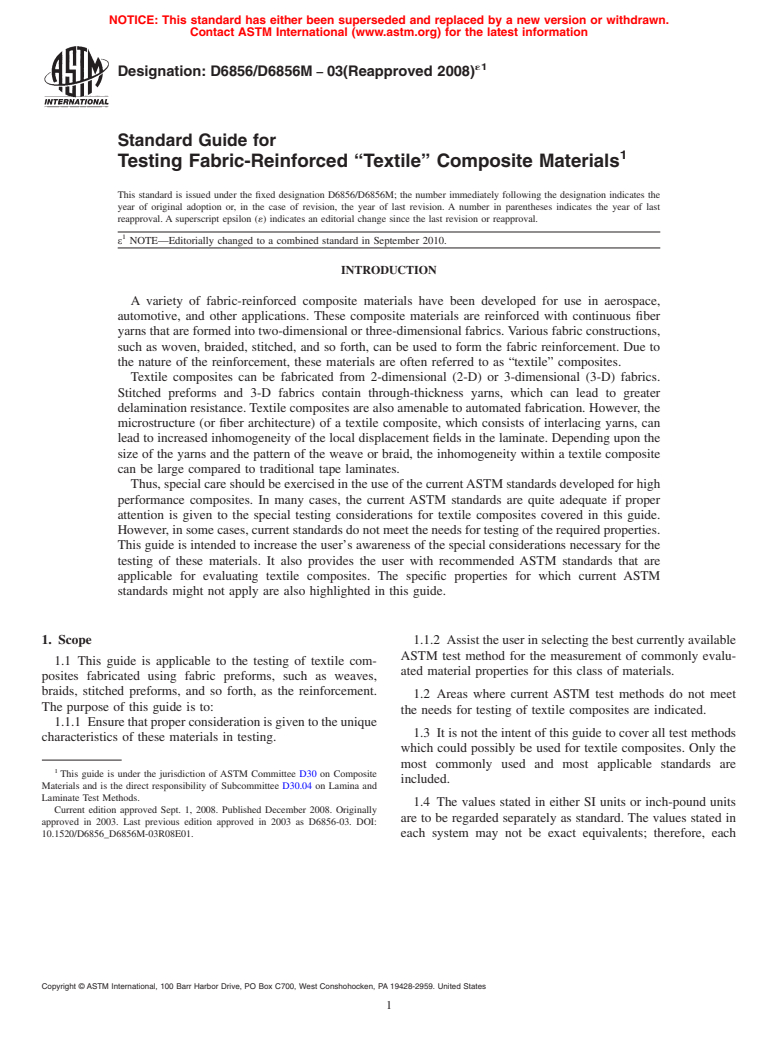 ASTM D6856/D6856M-03(2008)e1 - Standard Guide for Testing Fabric-Reinforced "Textile" Composite Materials