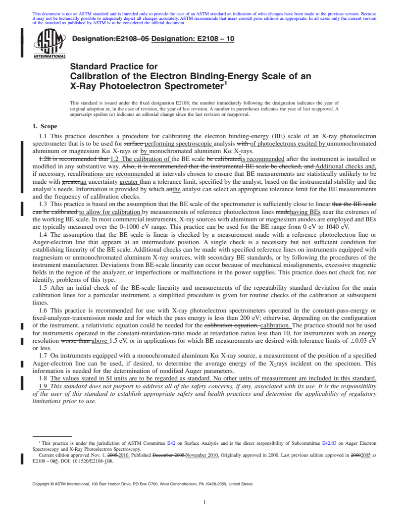 REDLINE ASTM E2108-10 - Standard Practice for Calibration of the Electron Binding-Energy Scale of an X-Ray Photoelectron Spectrometer