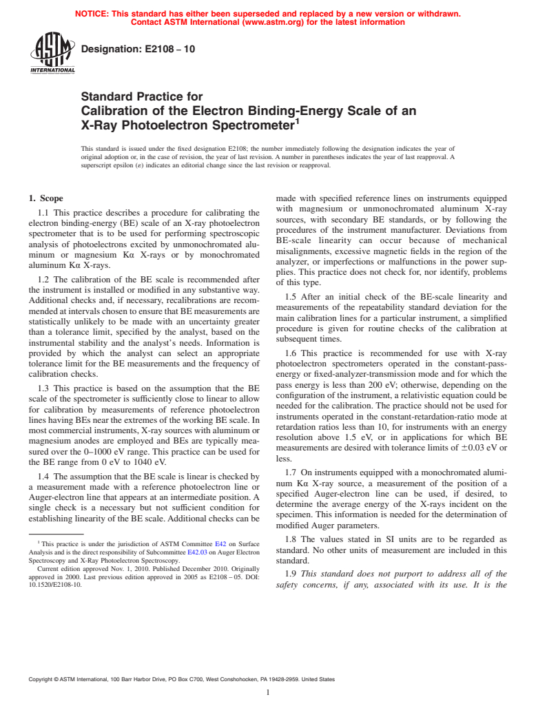 ASTM E2108-10 - Standard Practice for Calibration of the Electron Binding-Energy Scale of an X-Ray Photoelectron Spectrometer