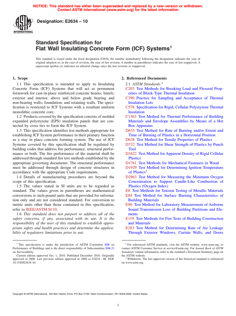 ASTM E2634-10 - Standard Specification for Flat Wall Insulating Concrete Form (ICF) Systems