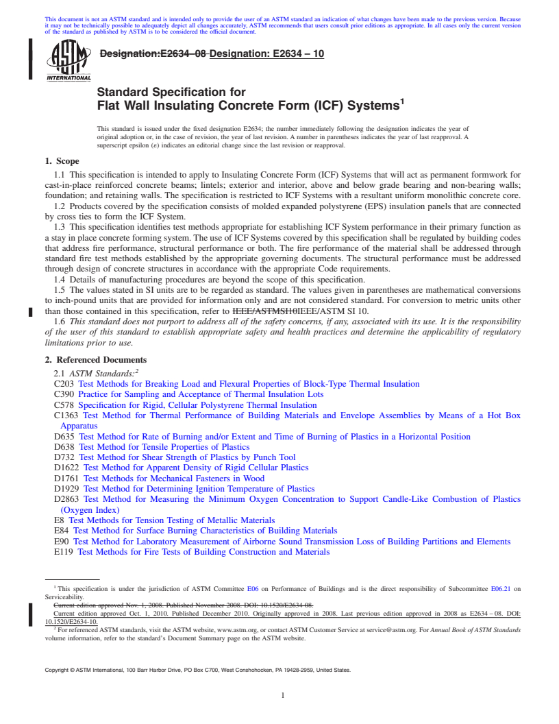 REDLINE ASTM E2634-10 - Standard Specification for Flat Wall Insulating Concrete Form (ICF) Systems