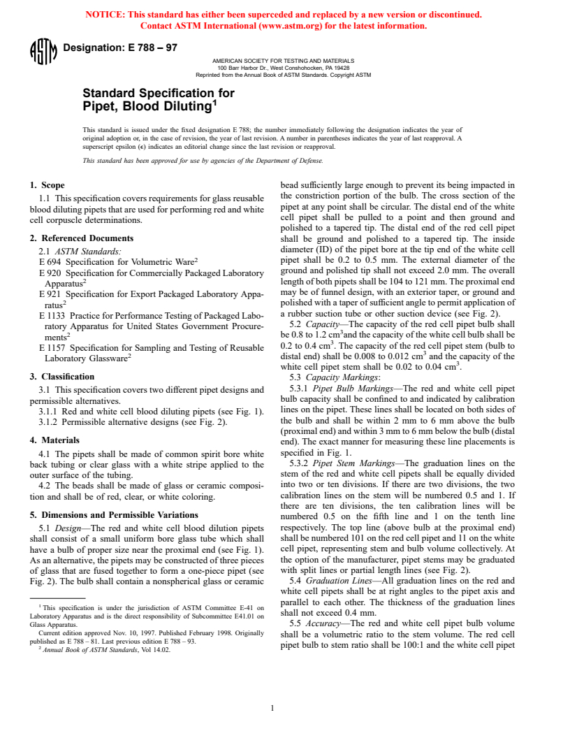 ASTM E788-97 - Standard Specification for Pipet, Blood Diluting