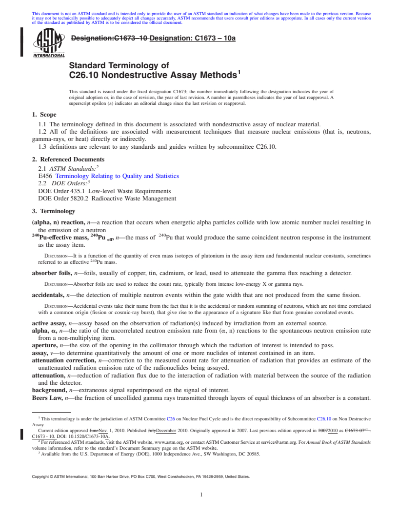 REDLINE ASTM C1673-10a - Standard Terminology of C26.10 Nondestructive Assay Methods