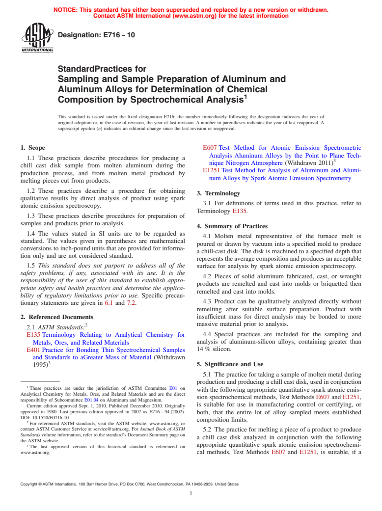 ASTM E716-10 - Standard Practices for  Sampling and Sample Preparation of Aluminum and Aluminum Alloys for Determination of Chemical Composition by Spectrochemical Analysis