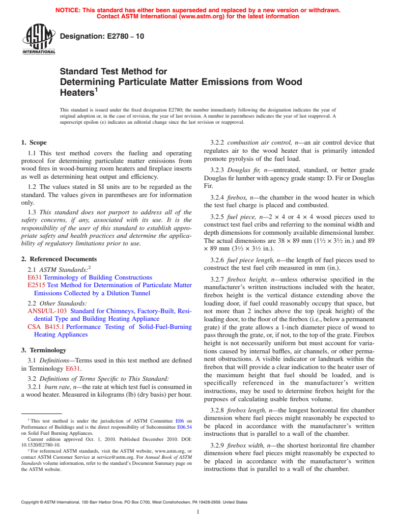 ASTM E2780-10 - Standard Test Method for Determining Particulate Matter Emissions from Wood Heaters