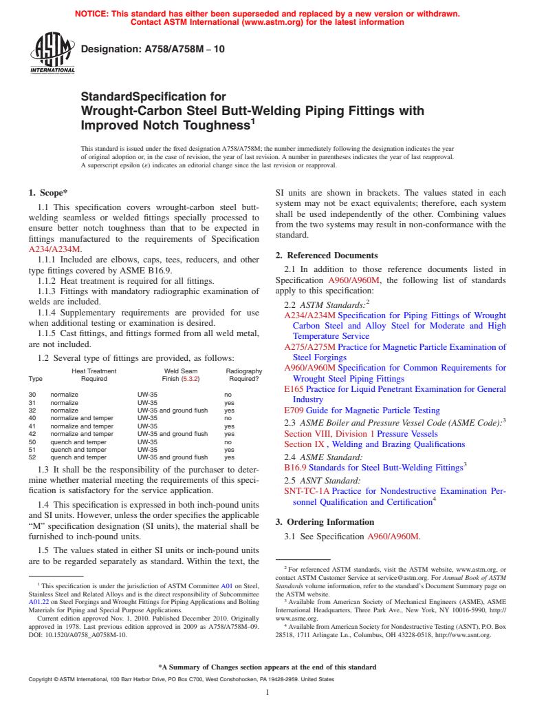 ASTM A758/A758M-10 - Standard Specification for Wrought-Carbon Steel Butt-Welding Piping Fittings with Improved Notch Toughness