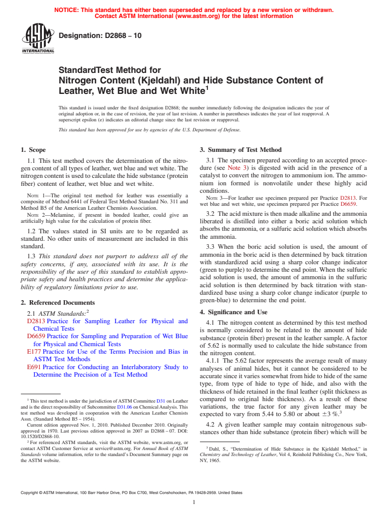 ASTM D2868-10 - Standard Test Method for Nitrogen Content (Kjeldahl) and Hide Substance Content of Leather