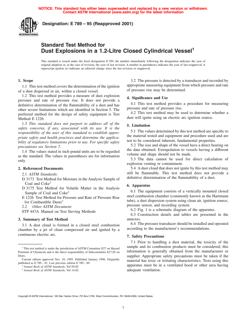 ASTM E789-95(2001) - Standard Test Method for Dust Explosions in a 1.2-Litre Closed Cylindrical Vessel (Withdrawn 2007)