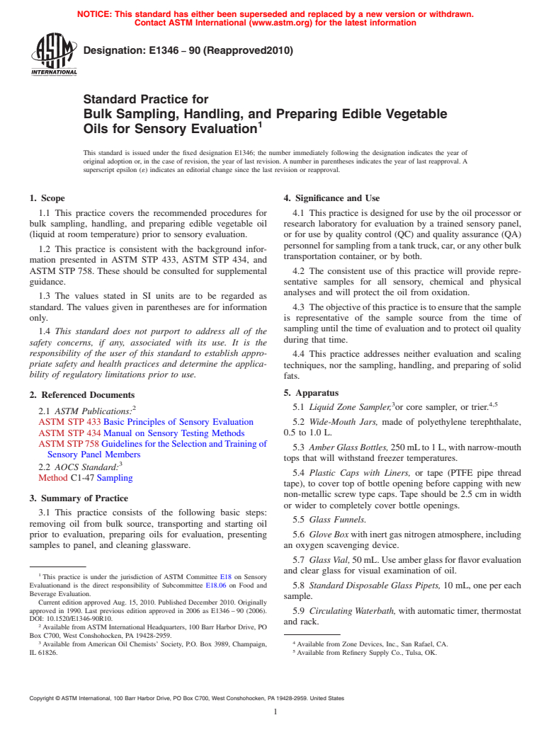 ASTM E1346-90(2010) - Standard Practice for Bulk Sampling, Handling, and Preparing Edible Vegetable Oils for Sensory Evaluation