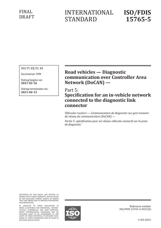 ISO/FDIS 15765-5:Version 12-feb-2021 - Road vehicles -- Diagnostic communication over Controller Area Network (DoCAN)