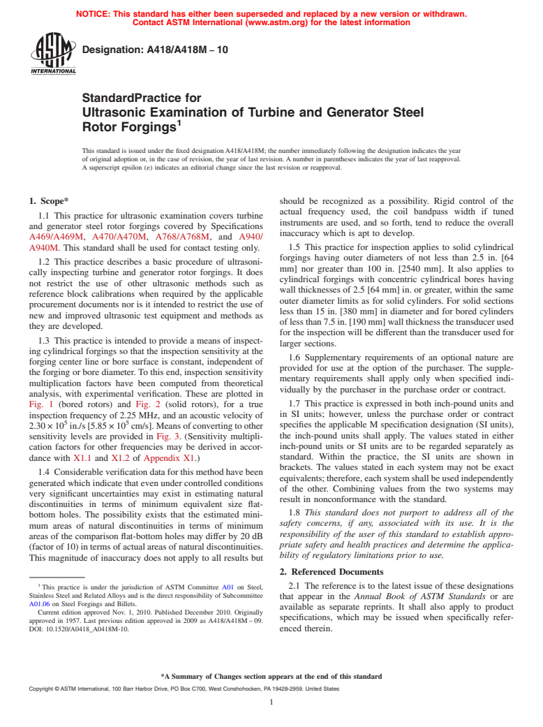 ASTM A418/A418M-10 - Standard Practice for Ultrasonic Examination of Turbine and Generator Steel Rotor Forgings