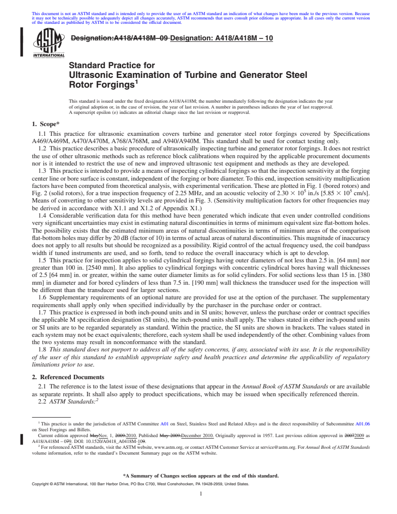 REDLINE ASTM A418/A418M-10 - Standard Practice for Ultrasonic Examination of Turbine and Generator Steel Rotor Forgings